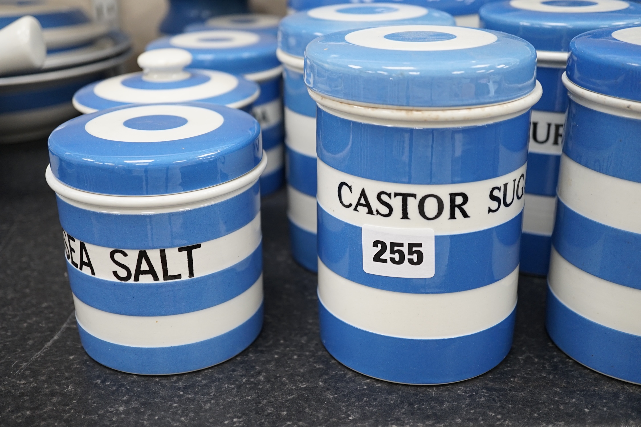 T.G.Green Cornish Kitchenware, fifteen lidded storage jars to include Meal, Granulated Sugar, Dessicated-Coconut and Sea Salt, largest 20cm high, mainly Black Shield marks. Condition - poor, fair and good